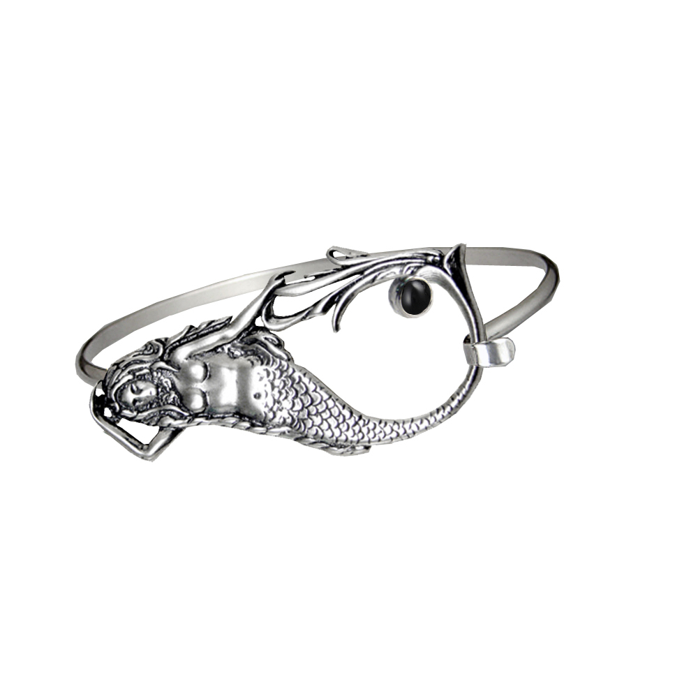 Sterling Silver Mermaid Strap Latch Spring Hook Bangle Bracelet With Black Onyx